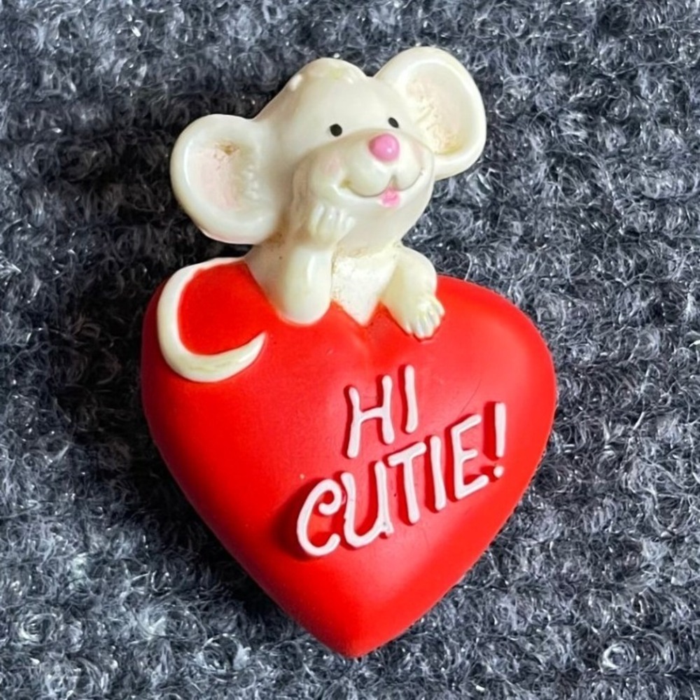 Vintage Hallmark Hi Cutie Mouse Heart Pin Red White Valentine Brooch 1980s